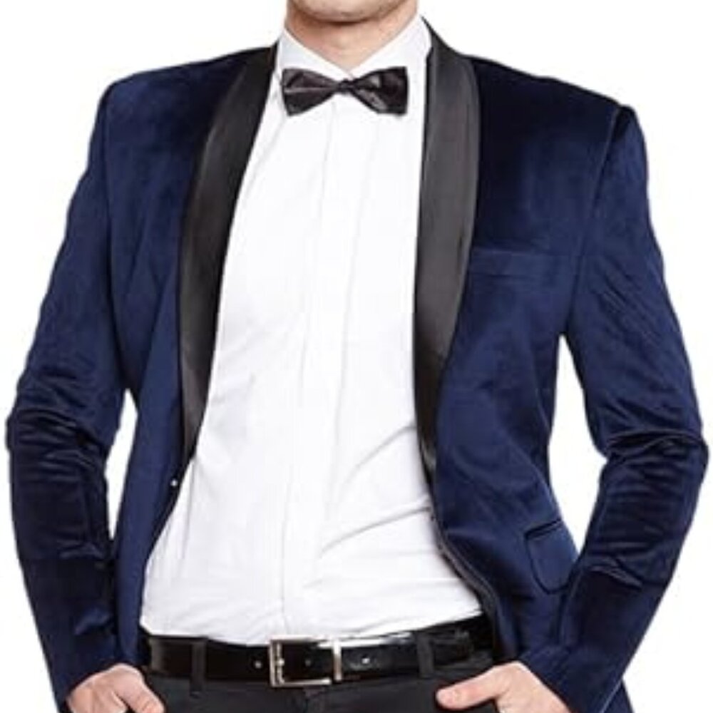 WINTAGE Men's Premium Velvet Notch Lapel Tuxedo Coat Blazer Jacket Dark Blue